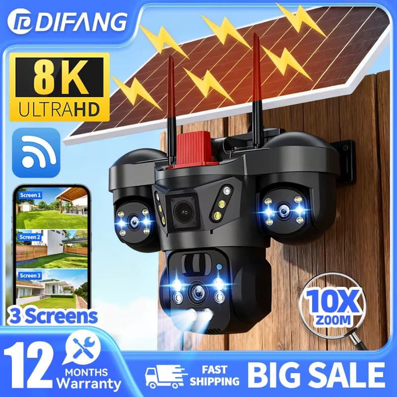 DIFANG Сонячна та 4G PTZ камера 8K 15MP із трьома екранами - 360° огляд, 10-кратний зум, водонепроникна система без Wi-Fi