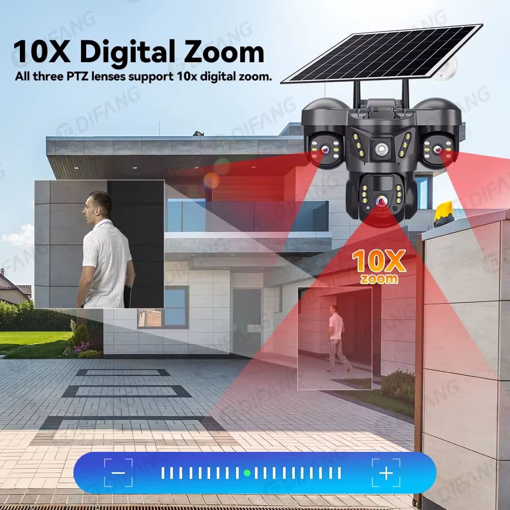 DIFANG Сонячна та 4G PTZ камера 8K 15MP із трьома екранами - 360° огляд, 10-кратний зум, водонепроникна система без Wi-Fi
