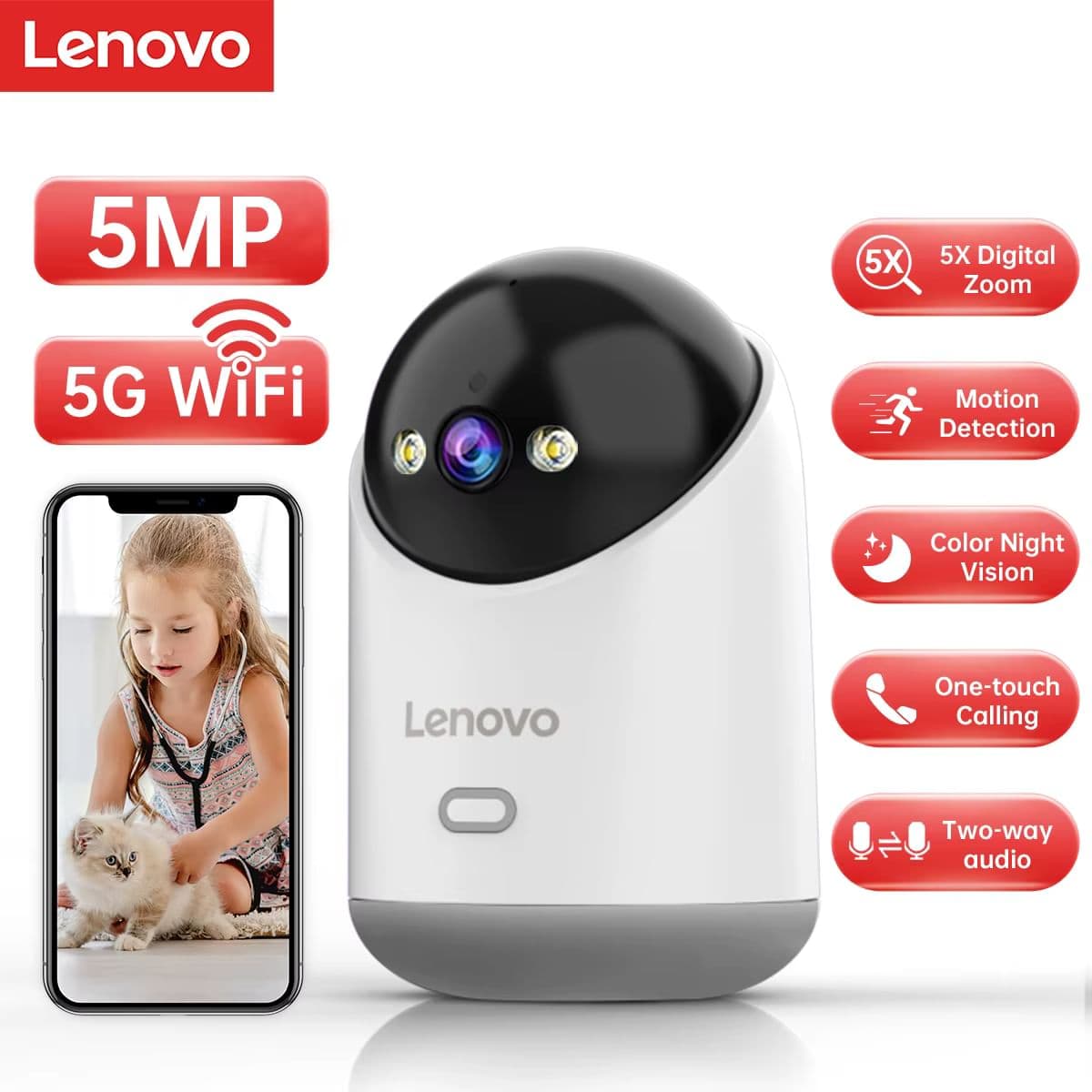 Lenovo 5MP Wi-Fi камера для дому | Кольорове нічне бачення, автостеження, двосторонній аудіозв’язок, PTZ 355°/90°
