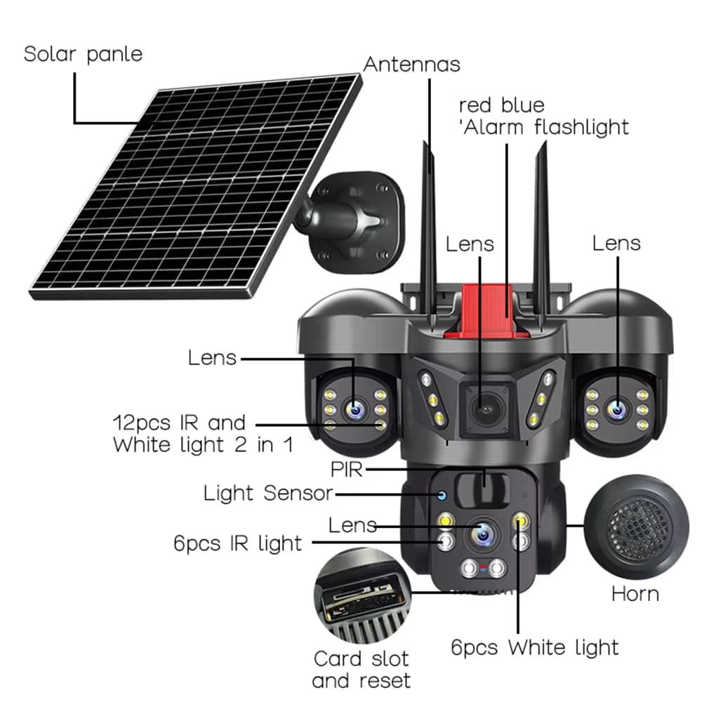 DIFANG Сонячна та 4G PTZ камера 8K 15MP із трьома екранами - 360° огляд, 10-кратний зум, водонепроникна система без Wi-Fi