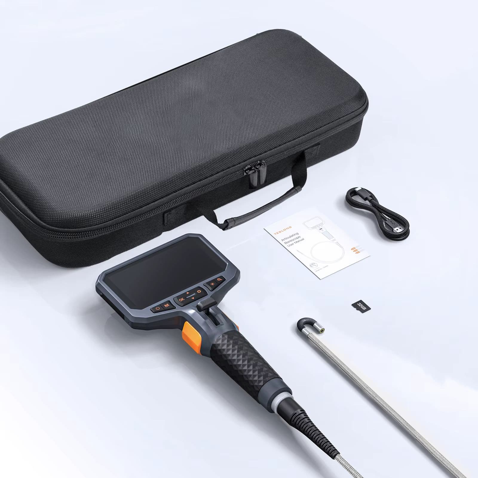 Teslong TD450S 5.5мм артикульований ендоскоп | 1080P, 4.3" IPS екран, нержавіюча трубка 1м, двостороннє керування 360°