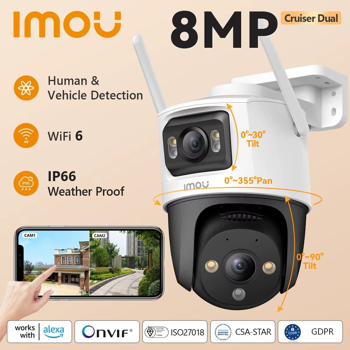IMOU Cruiser Dual 8MP Dual Lens Зовнішня Wi-Fi Камера з AI Виявленням Людей та Авто