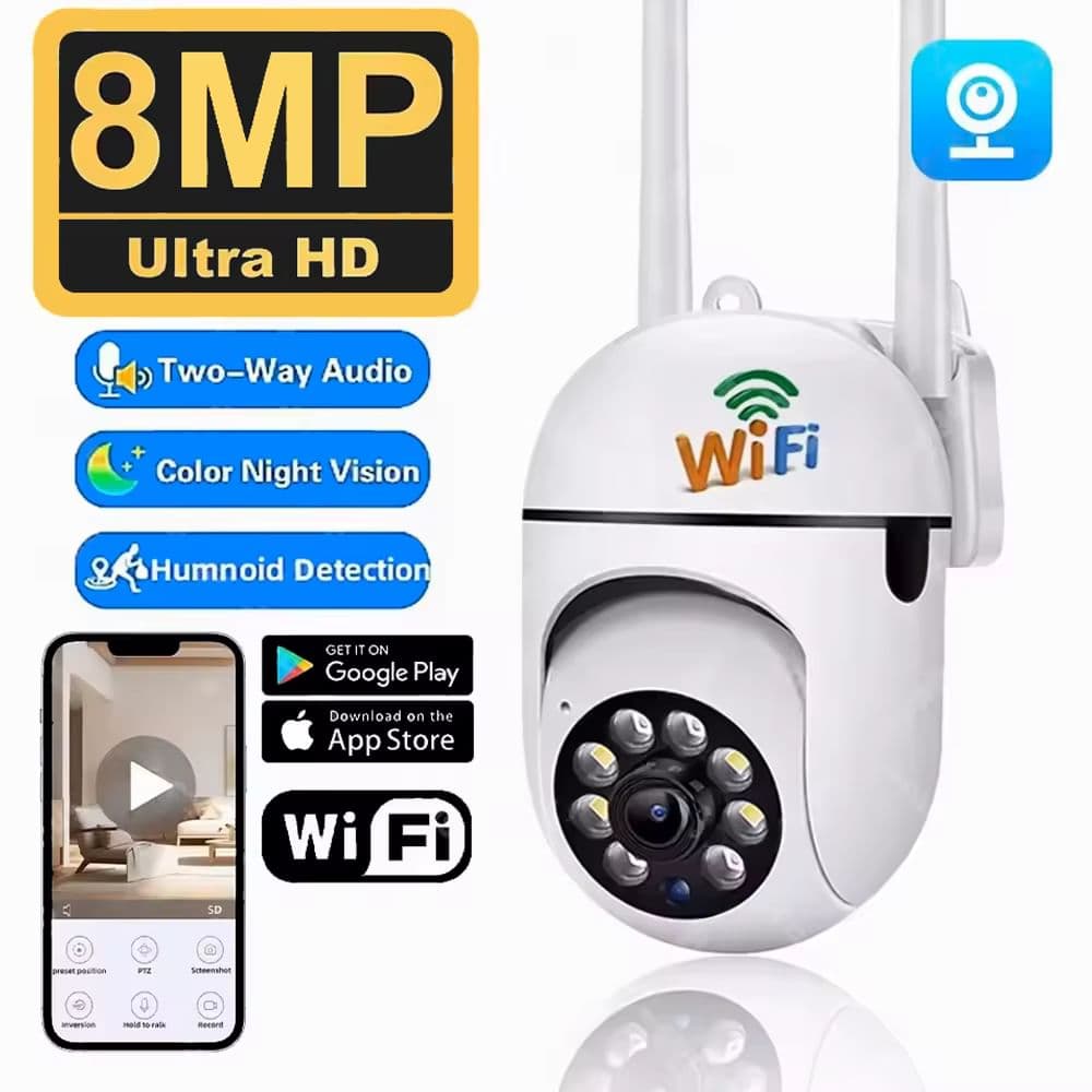 NoEnName 8MP зовнішня Wi-Fi камера відеоспостереження - PTZ 360° з 4X зумом, AI-стеженням, двостороннім зв’язком і кольоровим нічним баченням