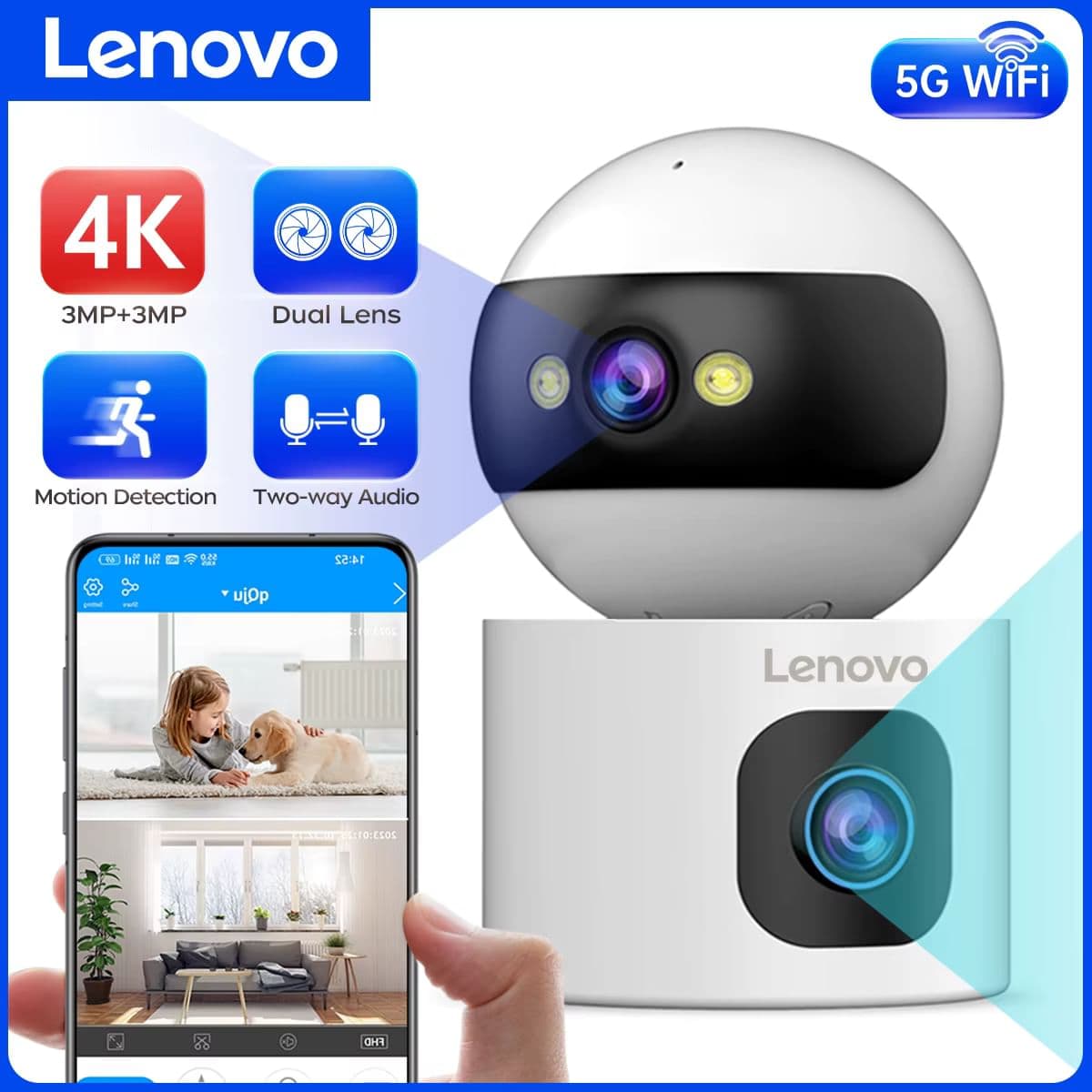 Lenovo 4K Dual Lens Wi-Fi 5G IP камера - автостеження, 360° огляд, дві лінзи, нічне бачення, смарт-моніторинг для дому та дітей